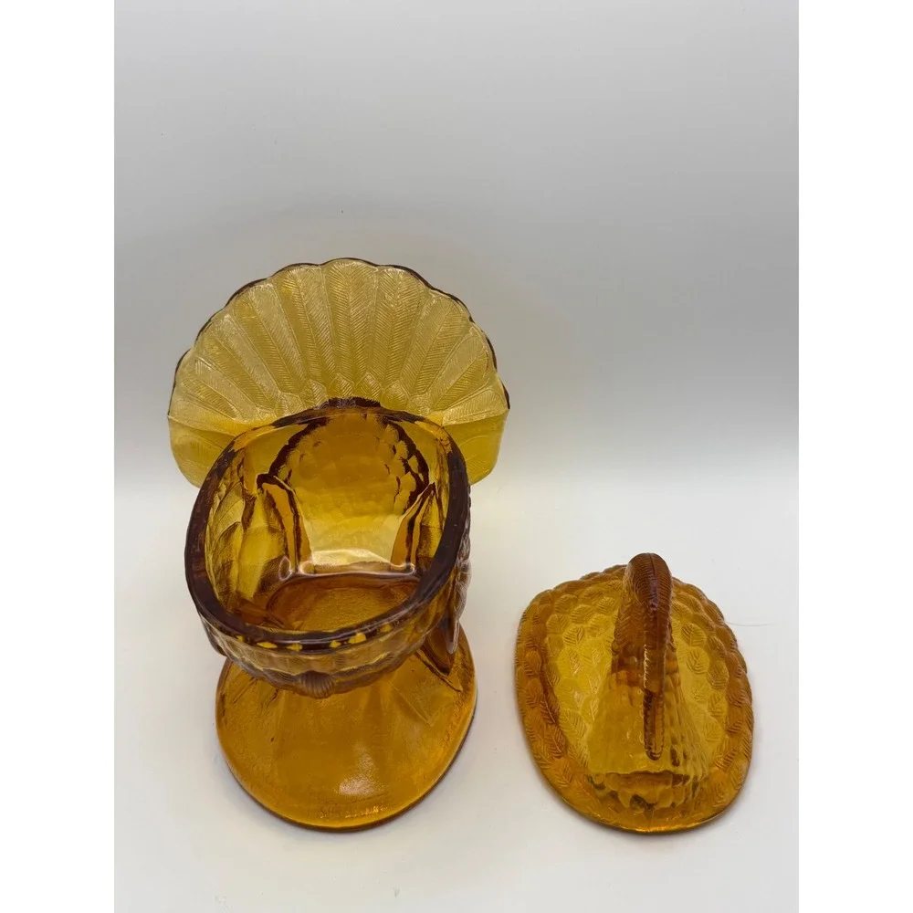Vintage L.E. Smith Amber Pressed‎ Glass Turkey Candy Dish Lidded Harvest Decor